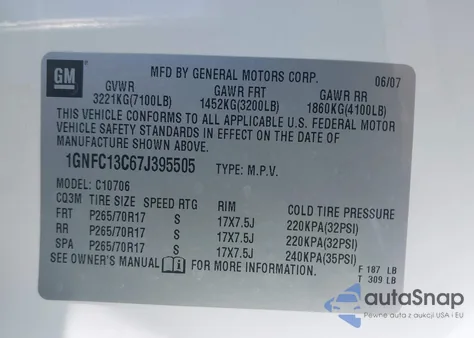 2007 Chevrolet Tahoe Ls from USA, damaged, VIN 1GNFC13C67J395505